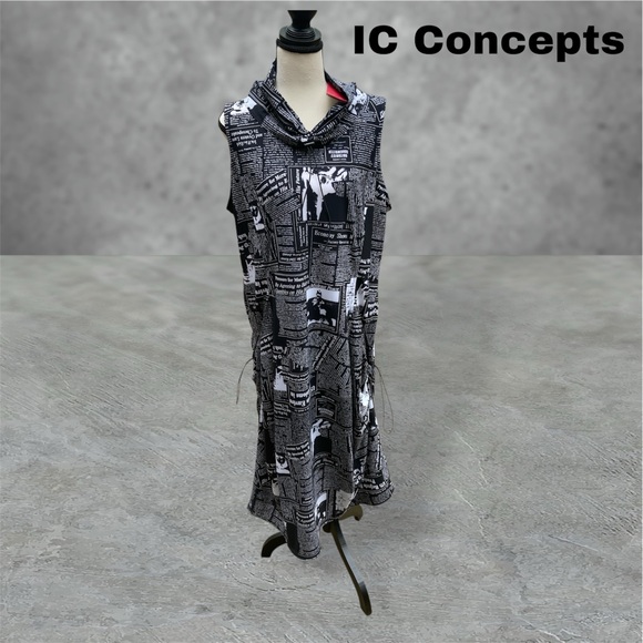 IC Collection Knit Newspaper Print Cowl Mock Neck Sleeveless Balloon Mid… - Picture 1 of 4